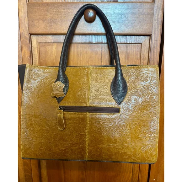 Colette Hand-Tooled Leather Tote Bag | Genuine Leather Mexico | Floral Embossed - Picture 5 of 10